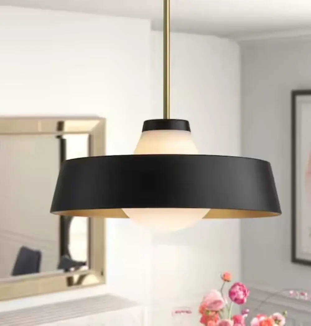 Alnora 1-Light Modern Black Dome Pendant Light with Milky White Frosted Glass